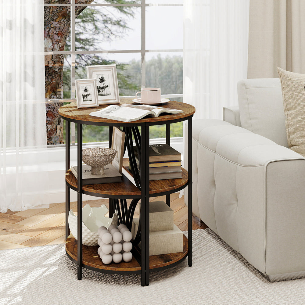 Narrow side table with rustic brown wood-like surface and metal frame, featuring storage shelves for versatile use.