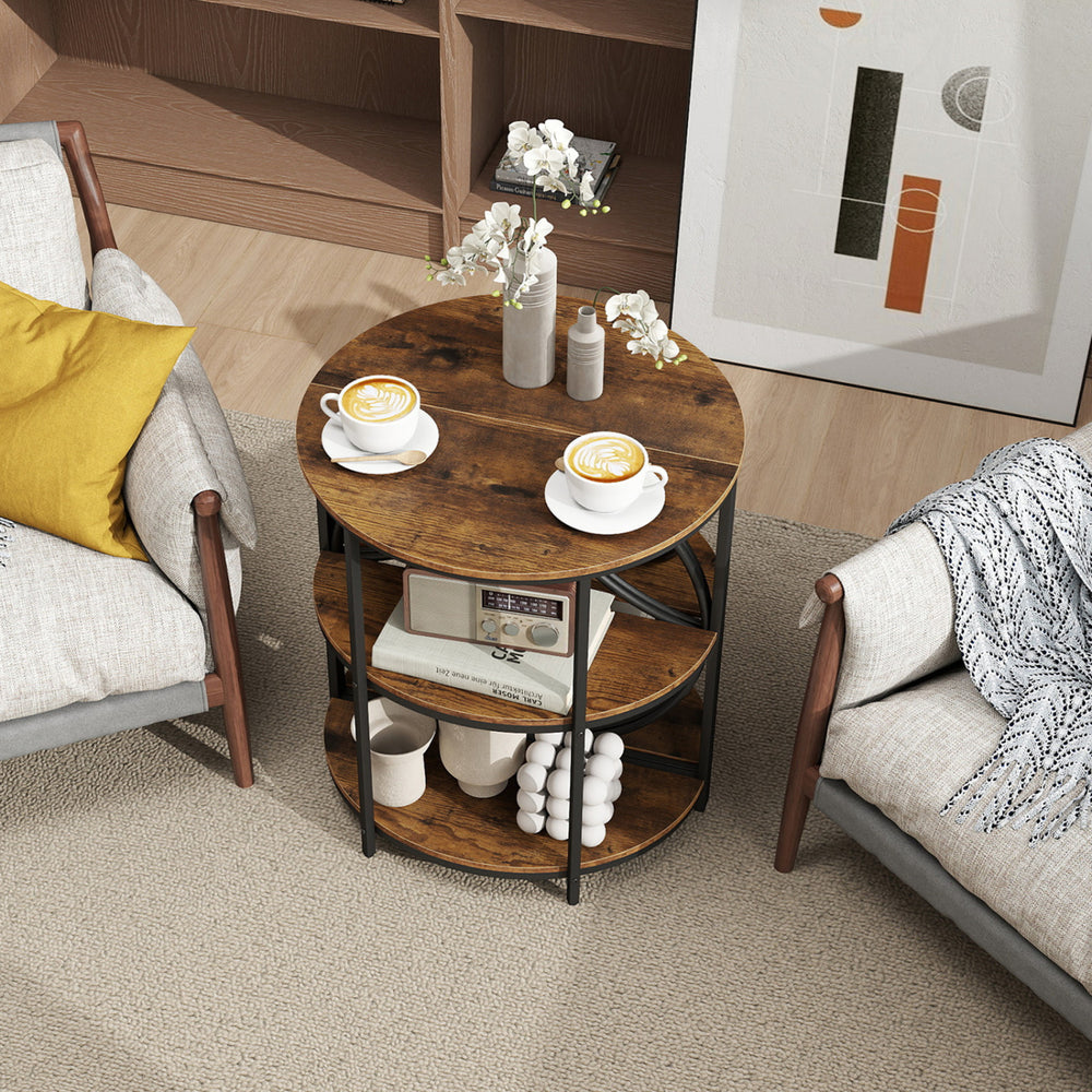 Narrow Side Table with Study Metal Frame and Storage Shelves-Rustic Brown - Gallery View 1 of 11