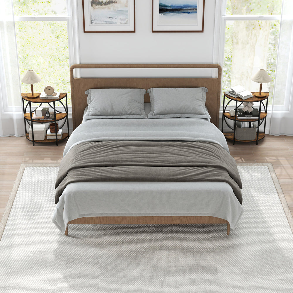 Narrow side table with rustic brown finish and metal frame, featuring storage shelves for versatile use in any room.