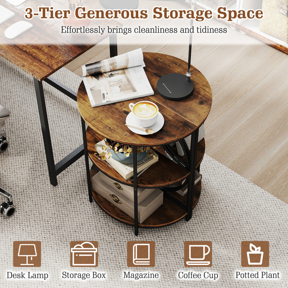 Narrow side table in rustic brown with metal frame and three storage shelves, ideal for living room or bedroom use.