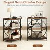 Narrow side table with a rustic brown wood-like surface and metal frame, featuring storage shelves for versatile use.
