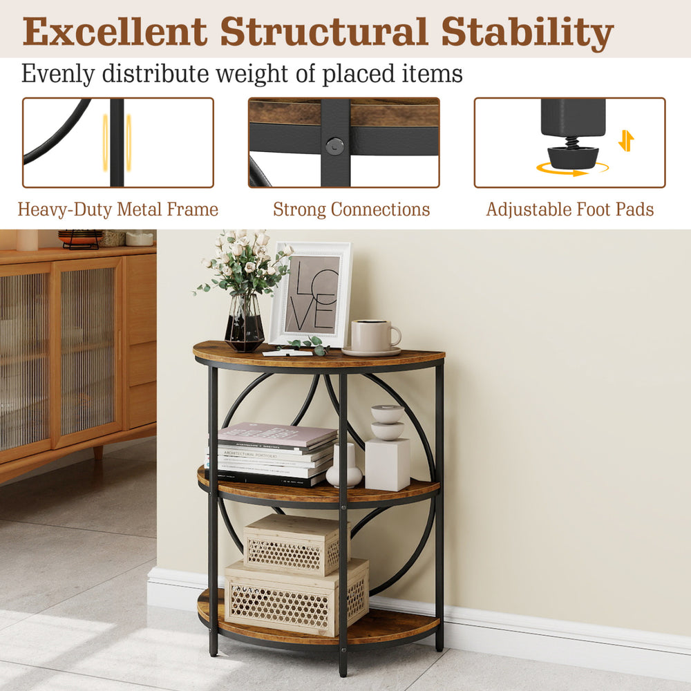 Narrow side table with a rustic brown wood-like surface and heavy-duty metal frame, perfect for living room or bedroom.