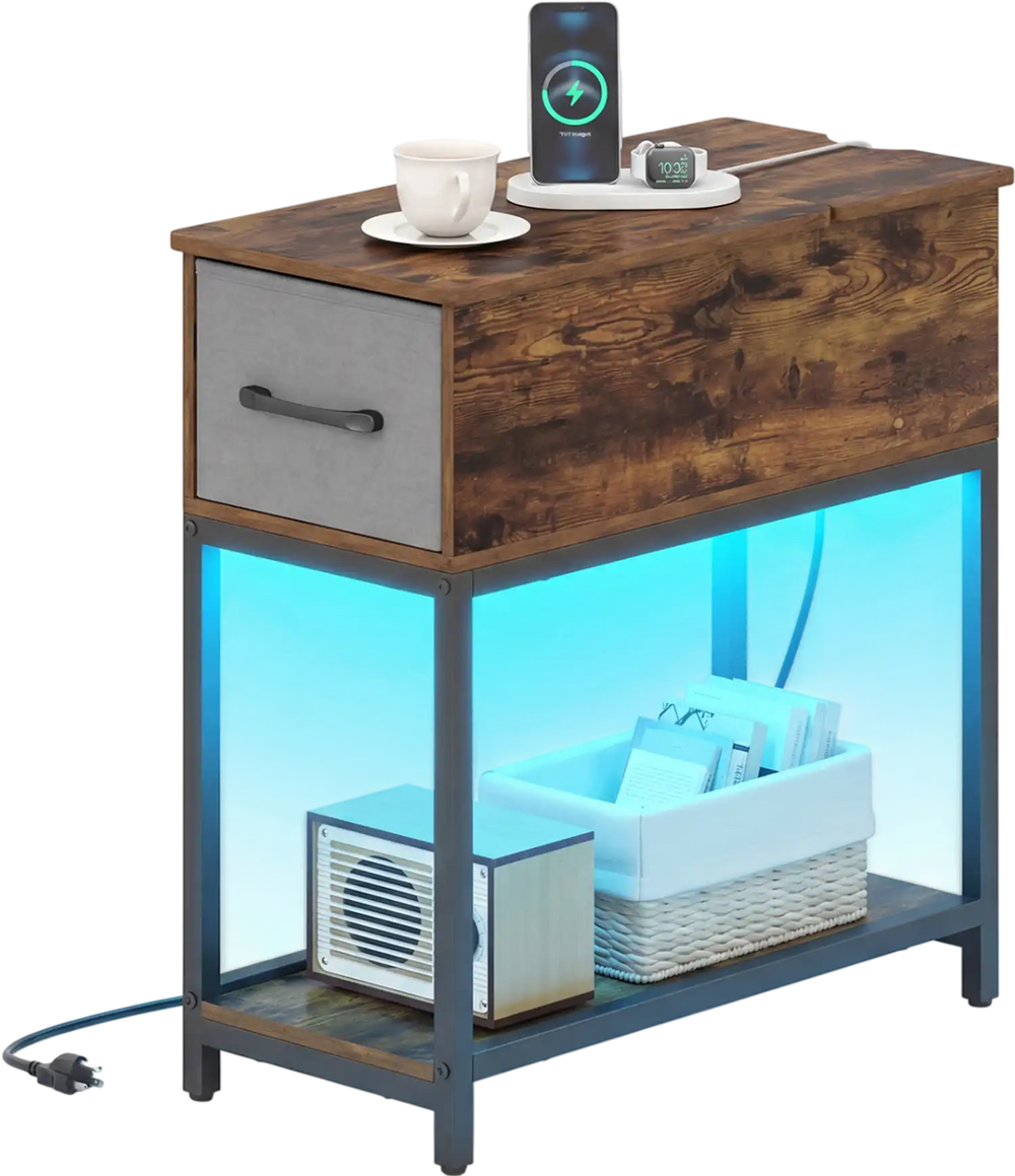 Narrow side table with LED lights, charging station, and spacious storage for small spaces, featuring a brown wood.