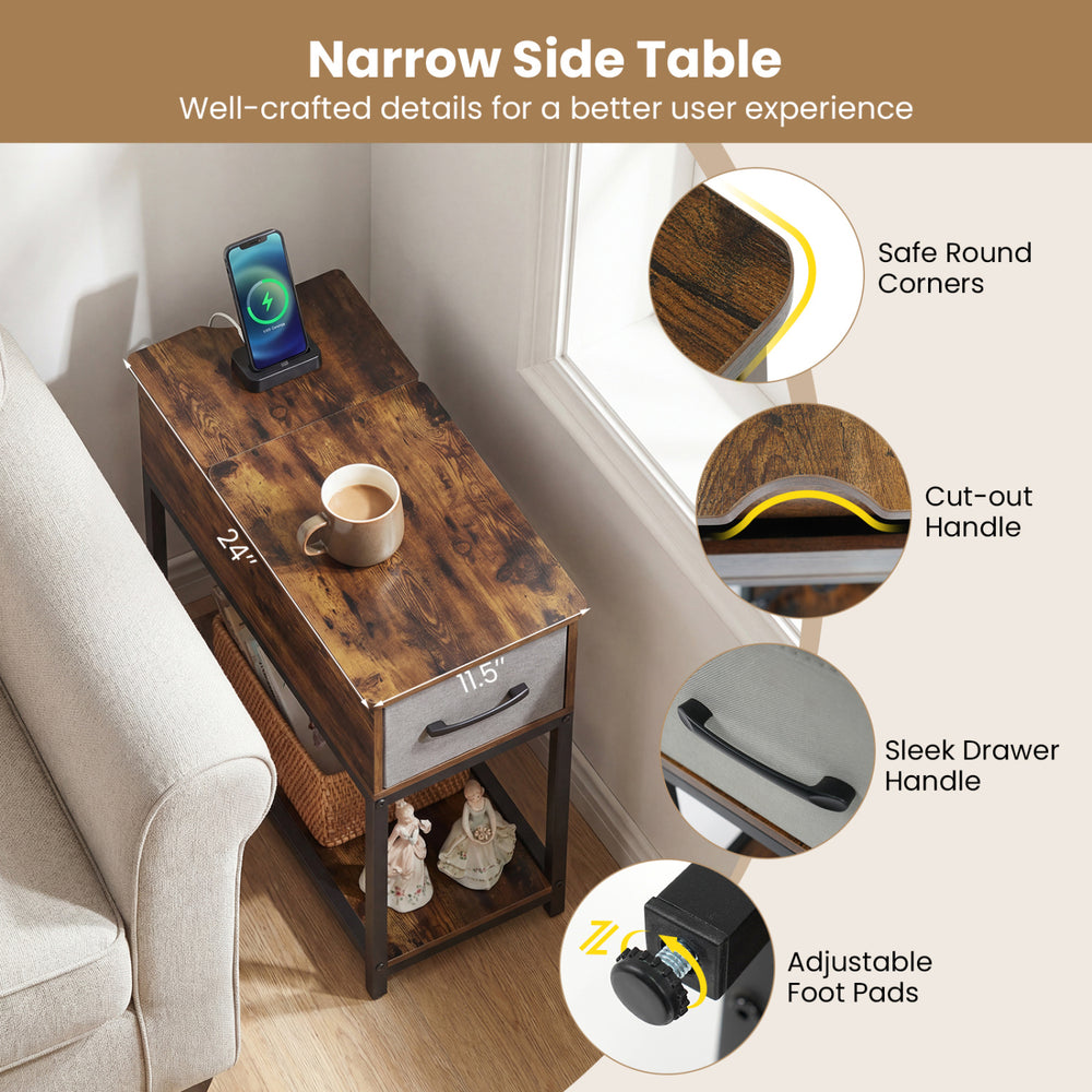 Narrow side table with charging station, LED lights, and cut-out handle for small spaces and convenient storage.