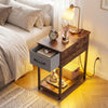 Narrow side table with LED lights, brown finish, features a drawer and open shelf for storage, perfect for small spaces.