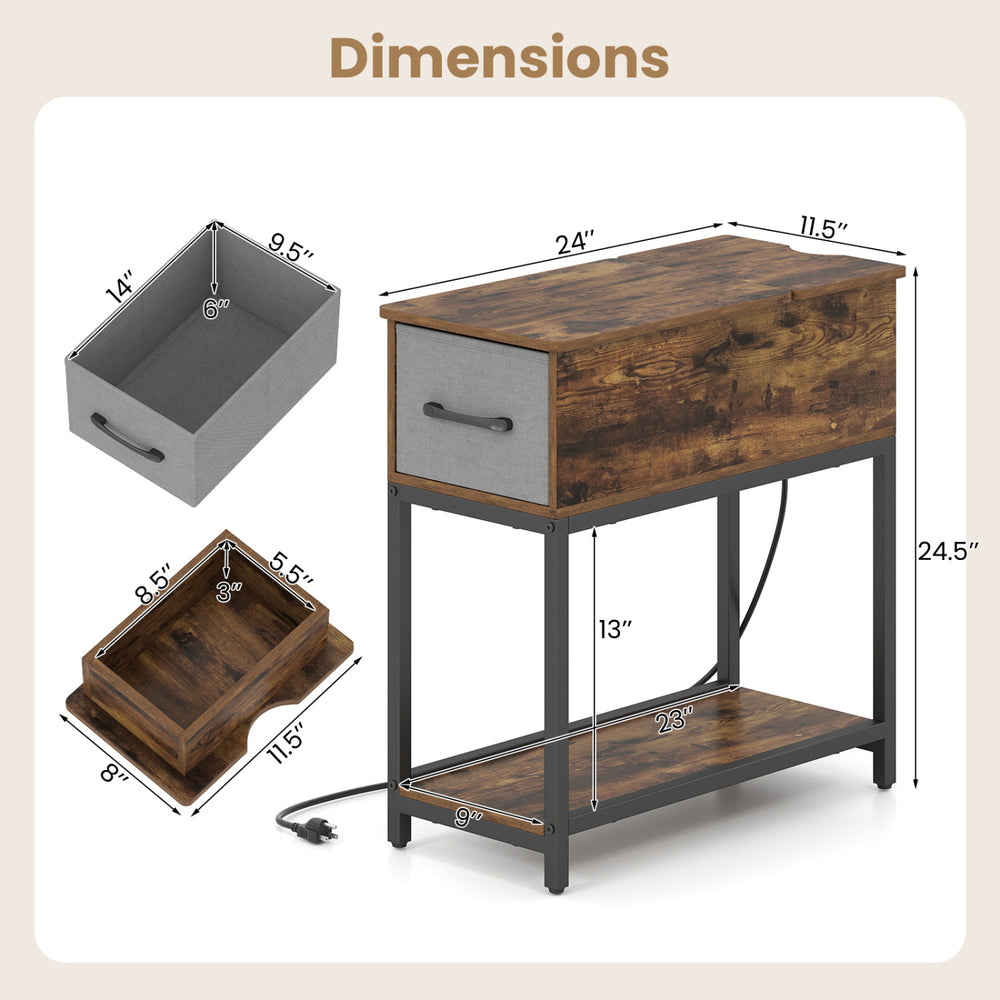 Narrow side table with charging station, LED lights, and spacious storage, designed for small spaces and easy assembly.