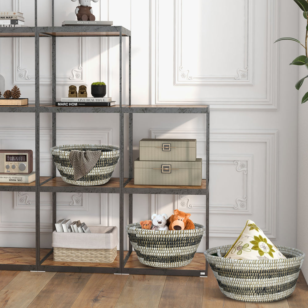 Stackable natural canes grass baskets set of 3 with hollowed handles for easy transportation and stylish storage.