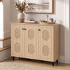 Natural shoe cabinet showcasing delicate hollow-out door panels and convenient handles, ideal for stylish entryway organization.