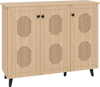 Natural shoe cabinet with three doors featuring hollow out panels, ideal for footwear storage in entryways or hallways.