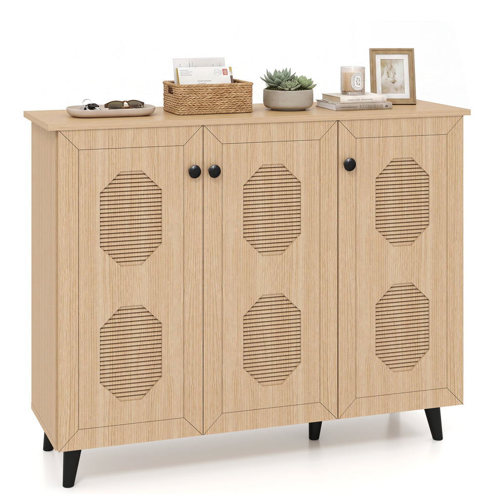 Natural shoe cabinet with three doors, featuring hollow out panels and ample storage for various footwear in entryways.