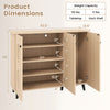 Natural shoe cabinet with three doors, featuring a modern design, ample storage for various footwear, and safety enhancements.