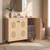 Natural shoe cabinet with three doors and hollow out panels, perfect for entryway storage and organization.