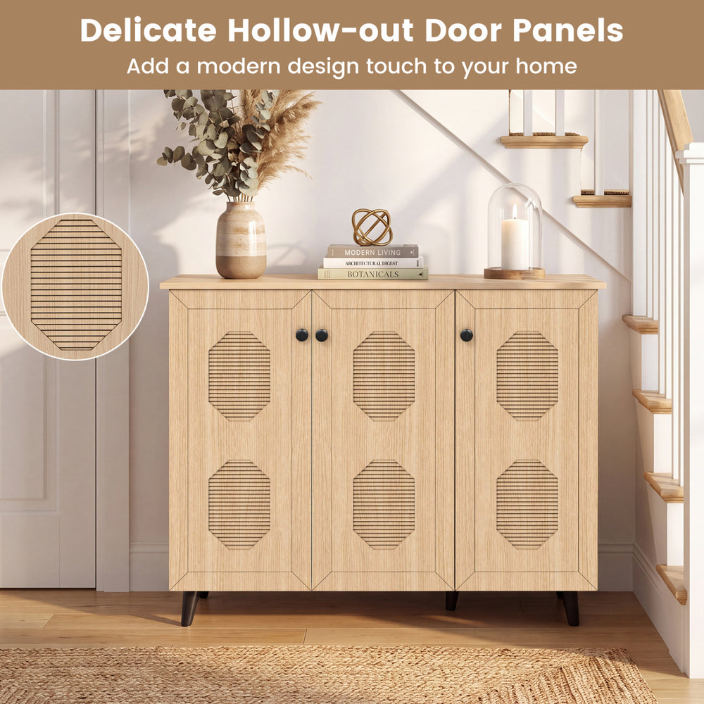 Natural shoe cabinet with three doors and delicate hollow-out panels, perfect for entryway or hallway storage.