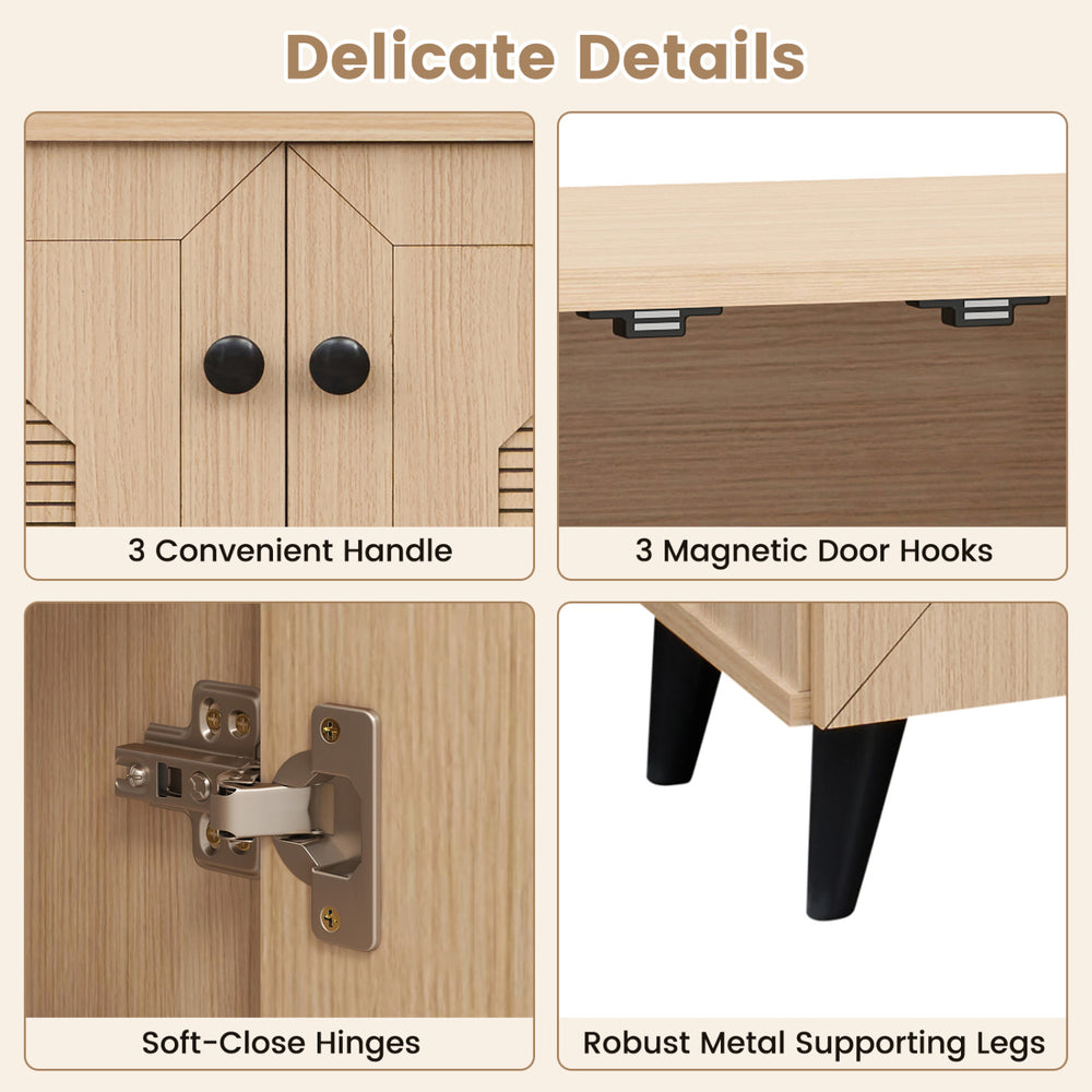 Natural shoe cabinet featuring three doors, soft-close hinges, and robust metal legs for stylish entryway storage.
