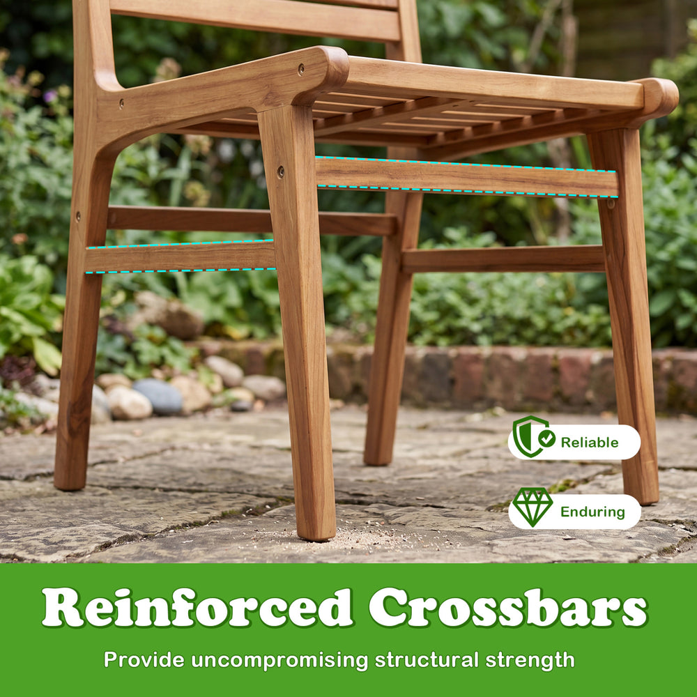 Natural wood armless patio chair showcasing reinforced crossbars for structural strength, ideal for outdoor spaces.