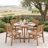 Natural teak armless patio chair with slanted back and slatted seat, perfect for outdoor dining on the patio.