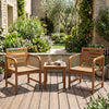 Natural wood patio armchairs with slatted seats and slanted backs, perfect for outdoor relaxation on a deck or balcony.
