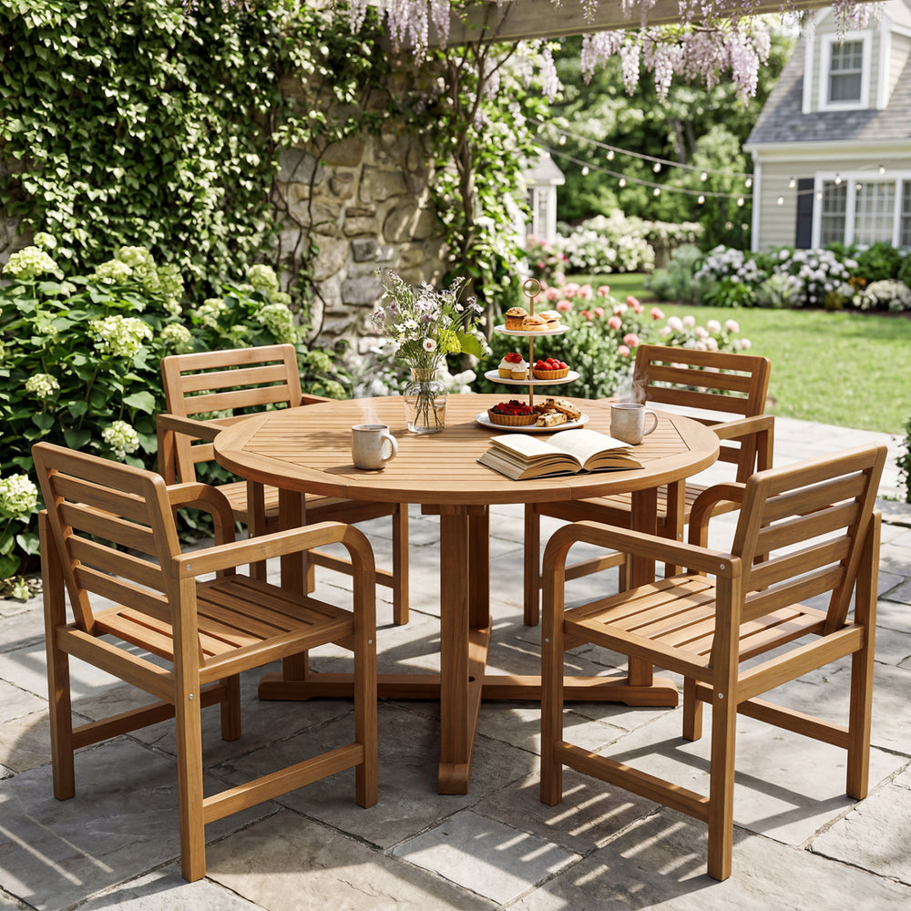 Natural wood patio armchair with slanted back and slatted seat, perfect for outdoor lounging on the deck or patio.
