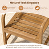 Natural teak patio armchair with slanted back and slatted seat, offering ergonomic comfort for outdoor lounging.