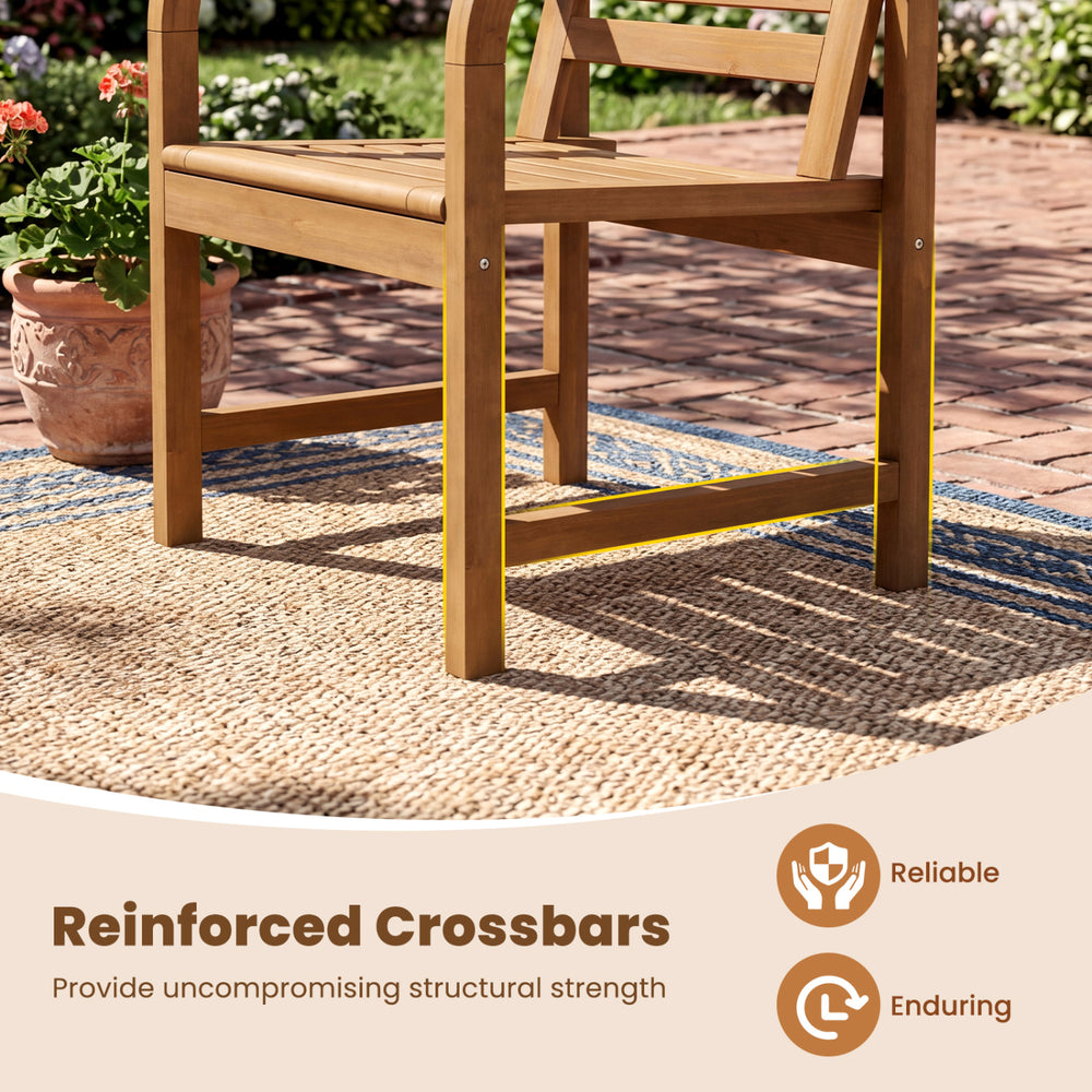 Natural wood patio armchair featuring slatted seat and reinforced crossbars for enduring structural strength and.