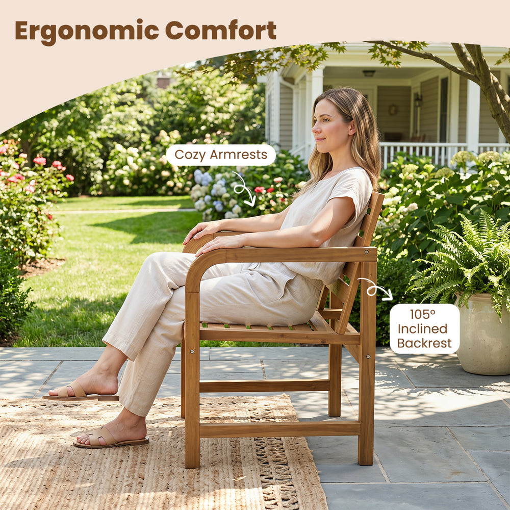Natural wood patio armchair with slanted backrest and slatted seat for ergonomic comfort in outdoor spaces.