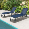 Navy 3-piece patio chaise lounge chair and table set with adjustable backrest for poolside relaxation.