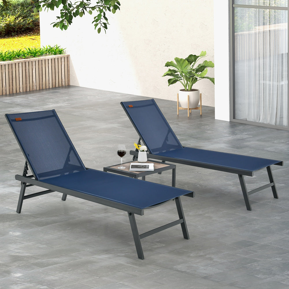Navy 3-piece patio chaise lounge chair and table set with adjustable backrests for poolside relaxation.