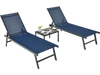 Navy 3-piece patio chaise lounge chair and table set with adjustable backrests, perfect for poolside relaxation.