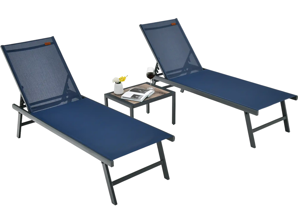 Navy 3-piece patio chaise lounge chair and table set with adjustable backrests, perfect for poolside relaxation.