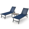 Navy 3-piece patio chaise lounge chair and table set with adjustable backrest, perfect for poolside relaxation.