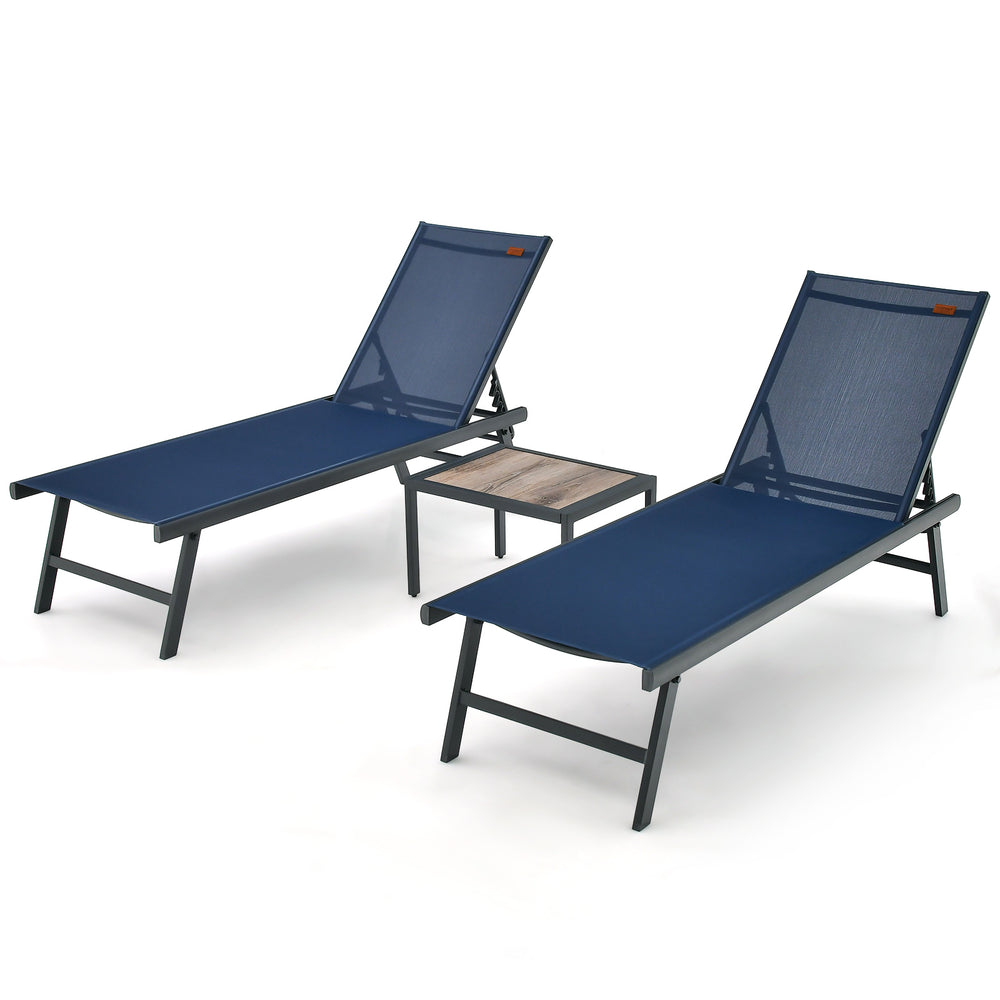 Navy 3-piece patio chaise lounge chair and table set with adjustable backrest, perfect for poolside relaxation.