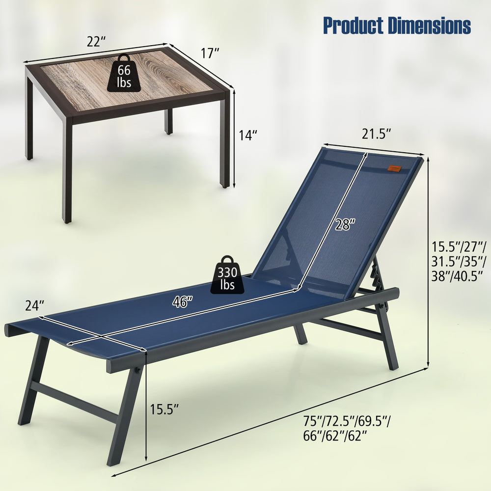 Dimensions of the 3 Pieces Patio Chaise Lounge Chair and Table Set, featuring a navy adjustable lounge and wood-like.