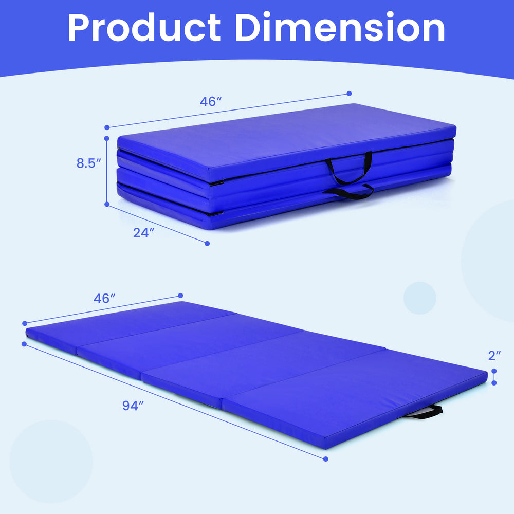 4-panel folding gymnastics mat in navy, featuring a 2-inch EPE foam, dimensions 46"x94", ideal for home gym activities.