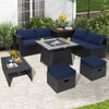 9-piece outdoor wicker sectional with navy cushions and 35-inch gas fire pit table for stylish patio gatherings.