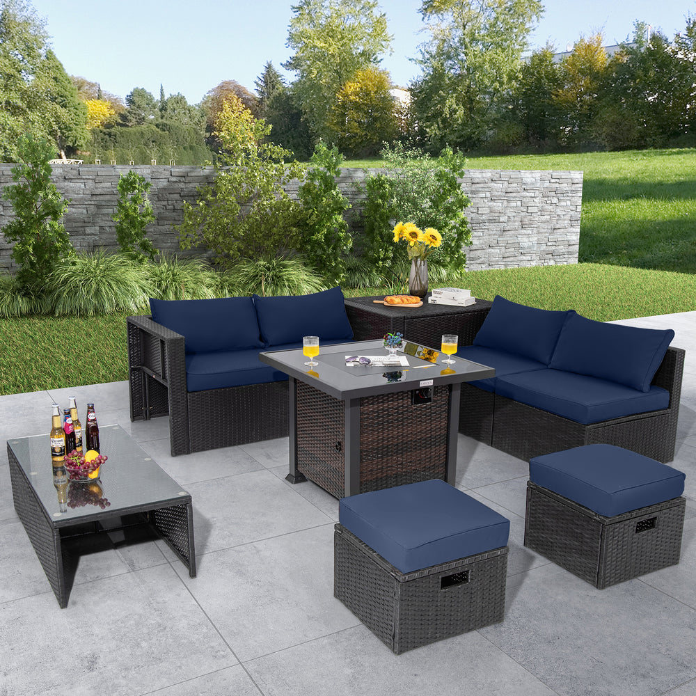 9 Pieces Patio Furniture Set with 32” Fire Pit Table and 50000 BTU Square Propane Fire Pit-Navy - Gallery View 1 of 11