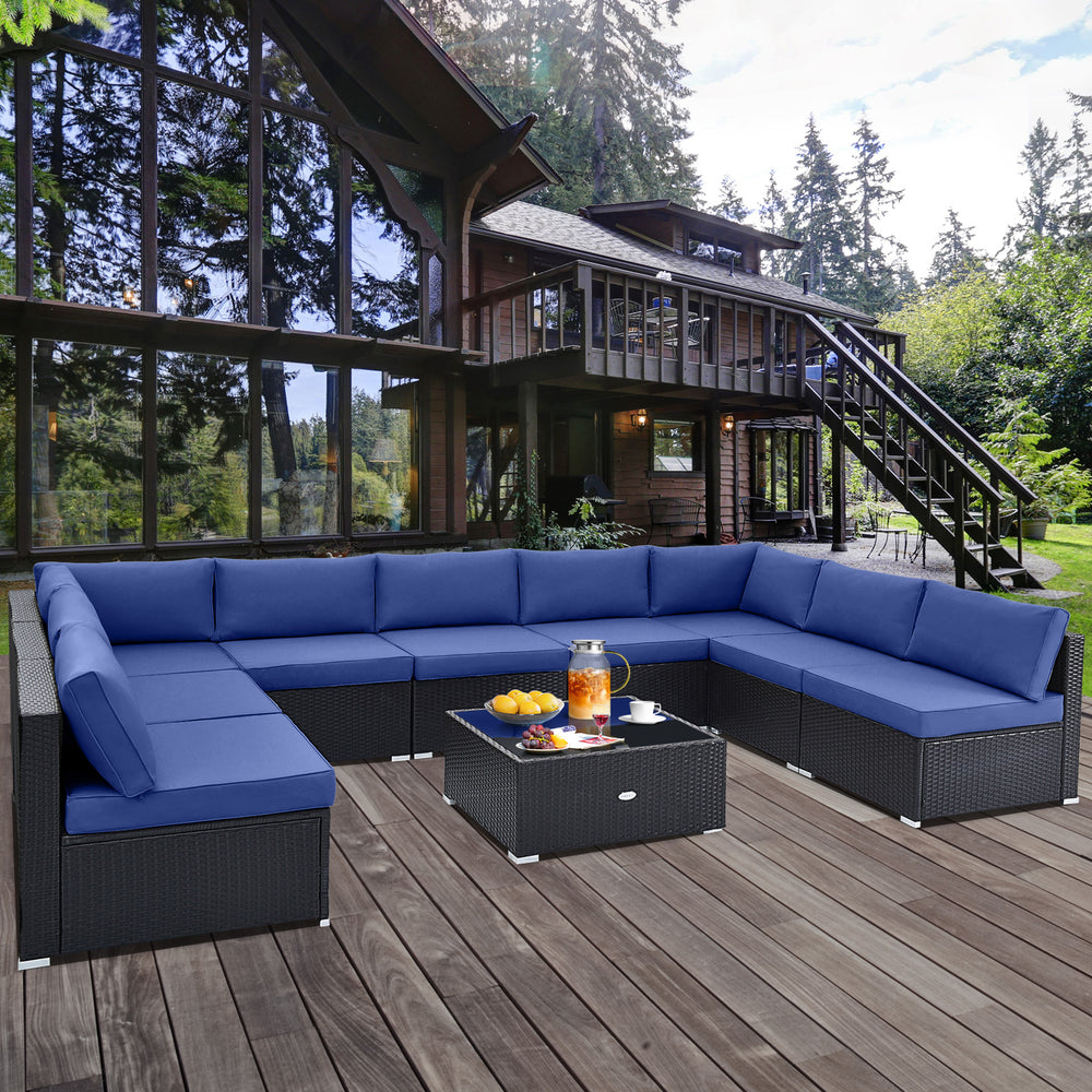 10 Piece Outdoor Wicker Conversation Set with Seat and Back Cushions-Navy - Gallery View 1 of 11