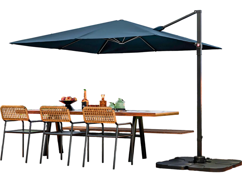 9.5 feet square navy patio cantilever umbrella with 360° rotation, featuring a sturdy aluminum pole and vented top for.