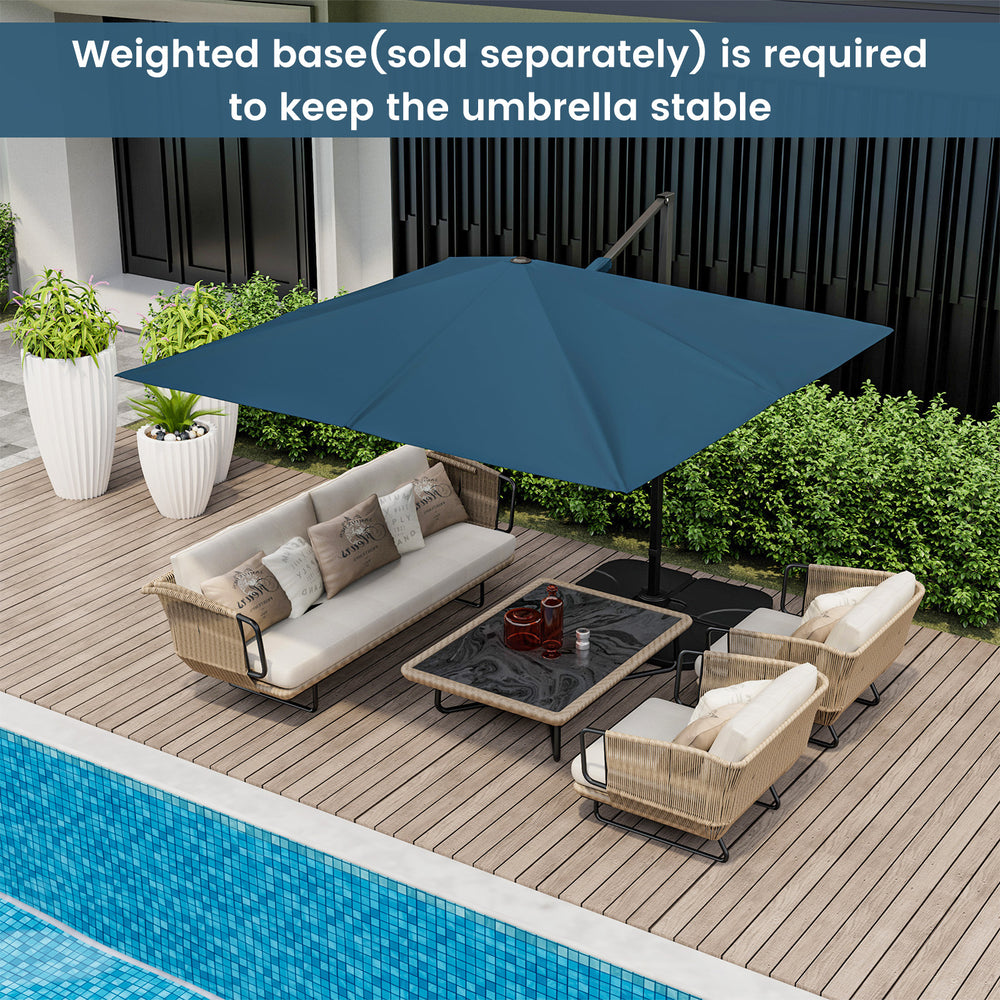9.5 feet square patio cantilever umbrella in navy with 360° rotation, featuring a rustproof aluminum pole and cross.