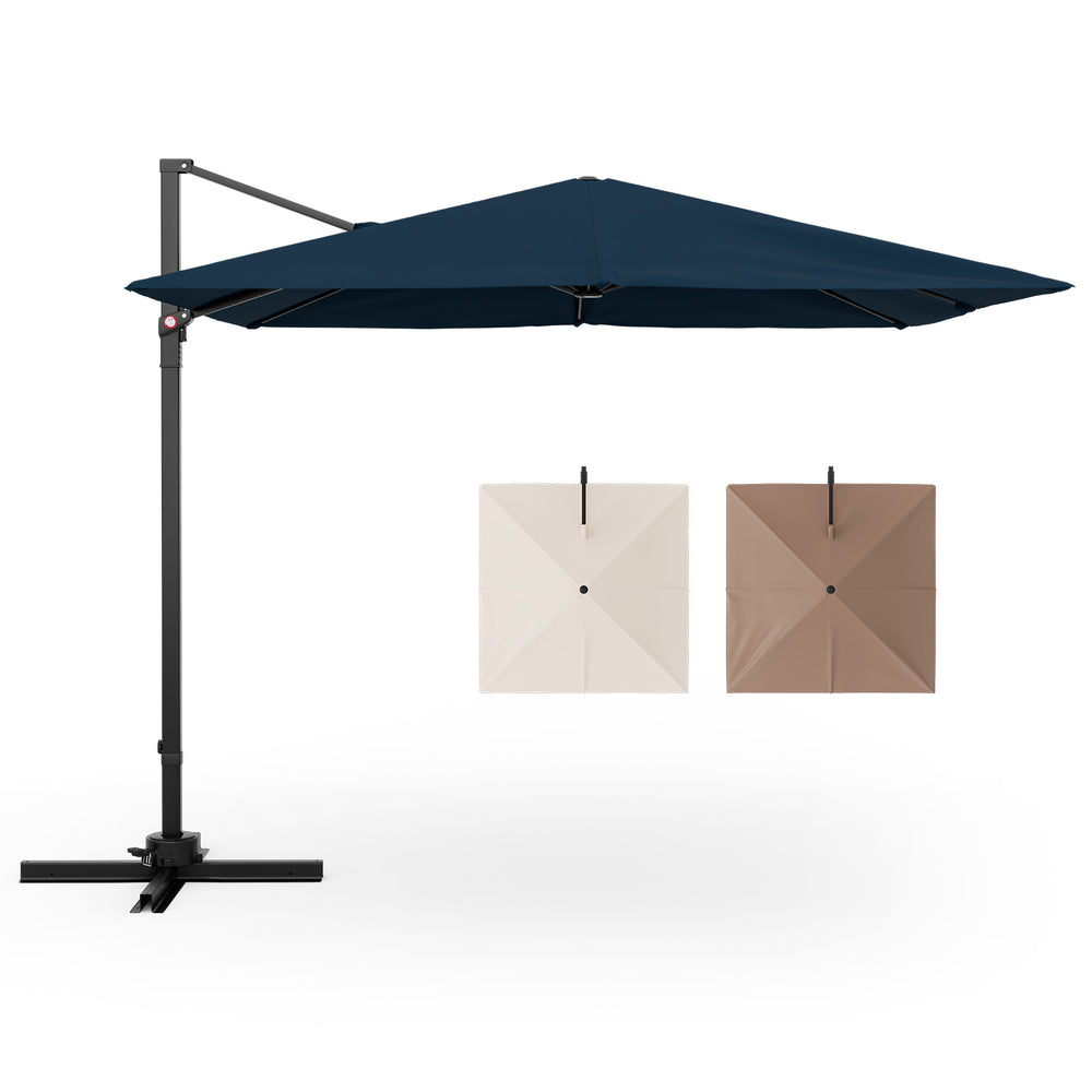 9.5 feet square patio cantilever umbrella in navy with 360° rotation, featuring a rustproof aluminum pole and vented.