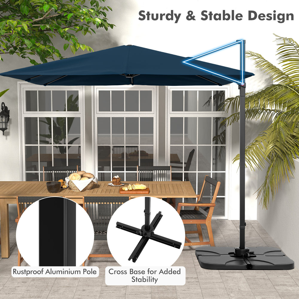 9.5 feet square navy patio cantilever umbrella with rustproof aluminum pole and 360° rotation for optimal shade.