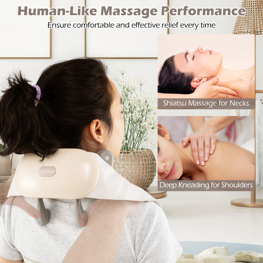 Neck and shoulder massager in beige with adjustable straps, offering shiatsu massage and deep kneading for relaxation.