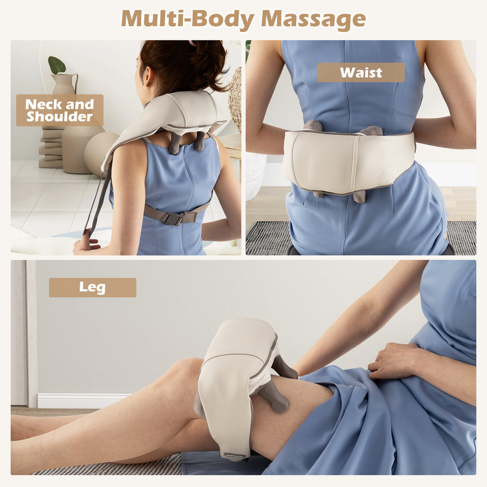Neck and shoulder massager in beige, showcasing adjustable straps and deep tissue shiatsu massage for relaxation.