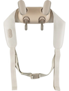 Neck shoulder massager in beige with adjustable straps, 2 heat levels, and 4 massage heads for pain relief.
