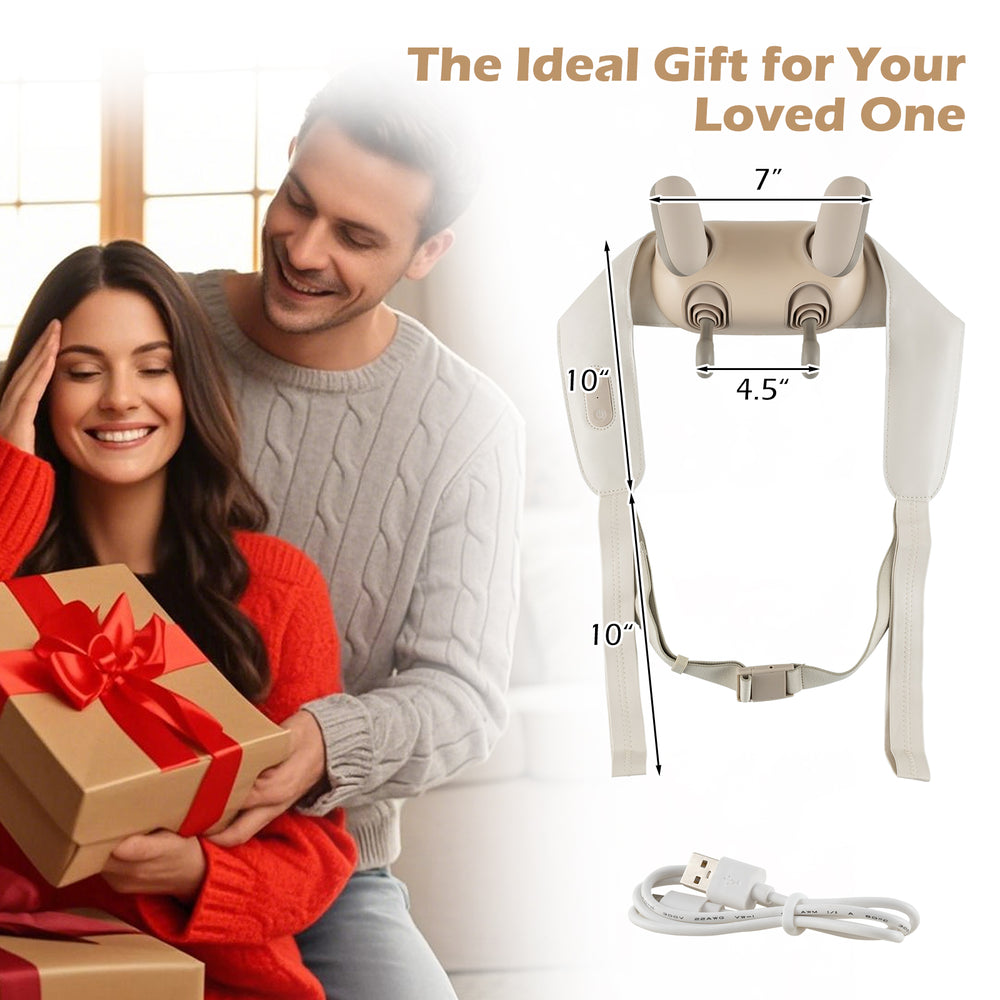 Neck shoulder massager in beige with adjustable straps and heat levels, perfect for pain relief at home or on the go.