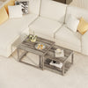 Top view of gray nesting coffee table set of 2, showcasing unique wood grain and ample space for decorative items.