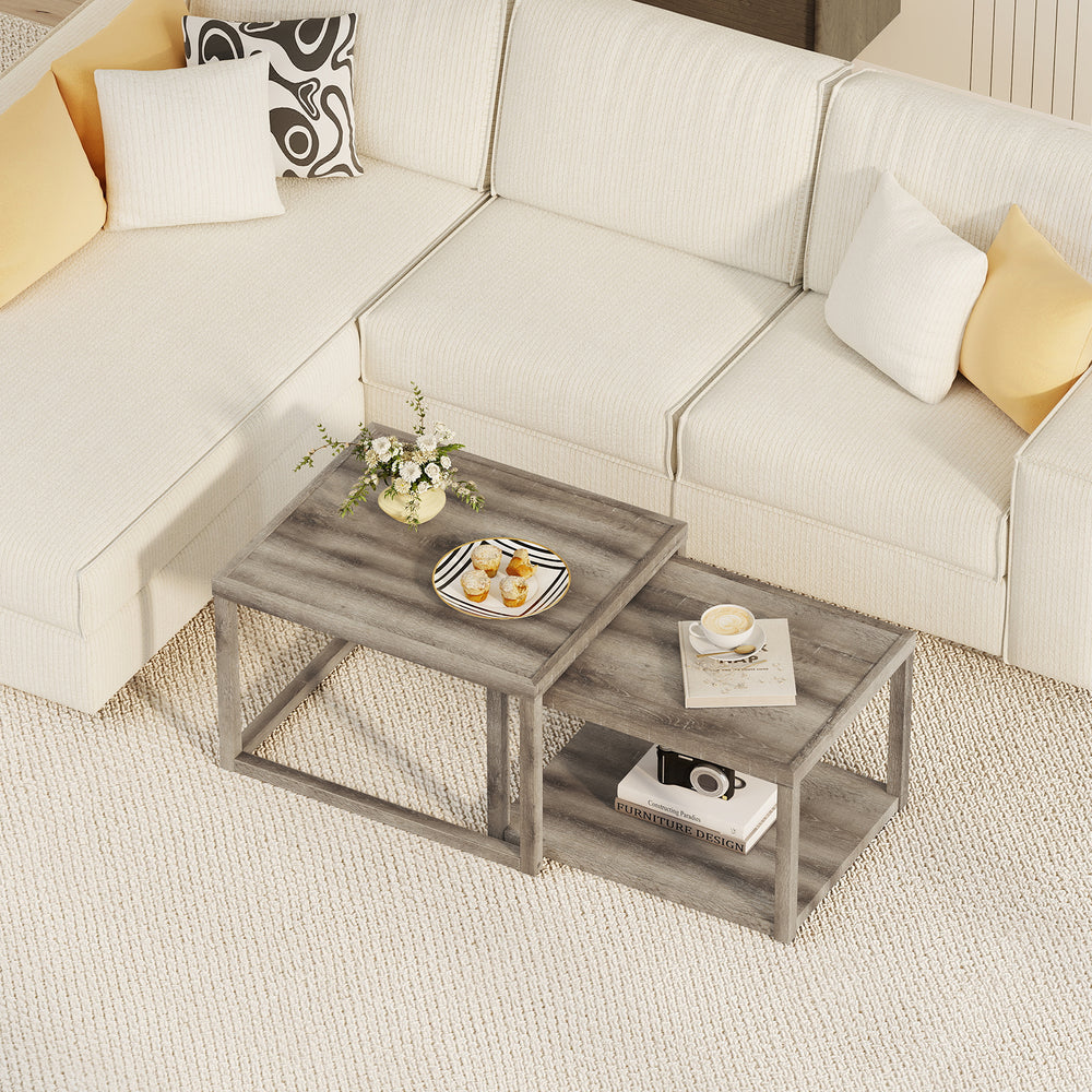 Top view of gray nesting coffee table set of 2, showcasing unique wood grain and ample space for decorative items.