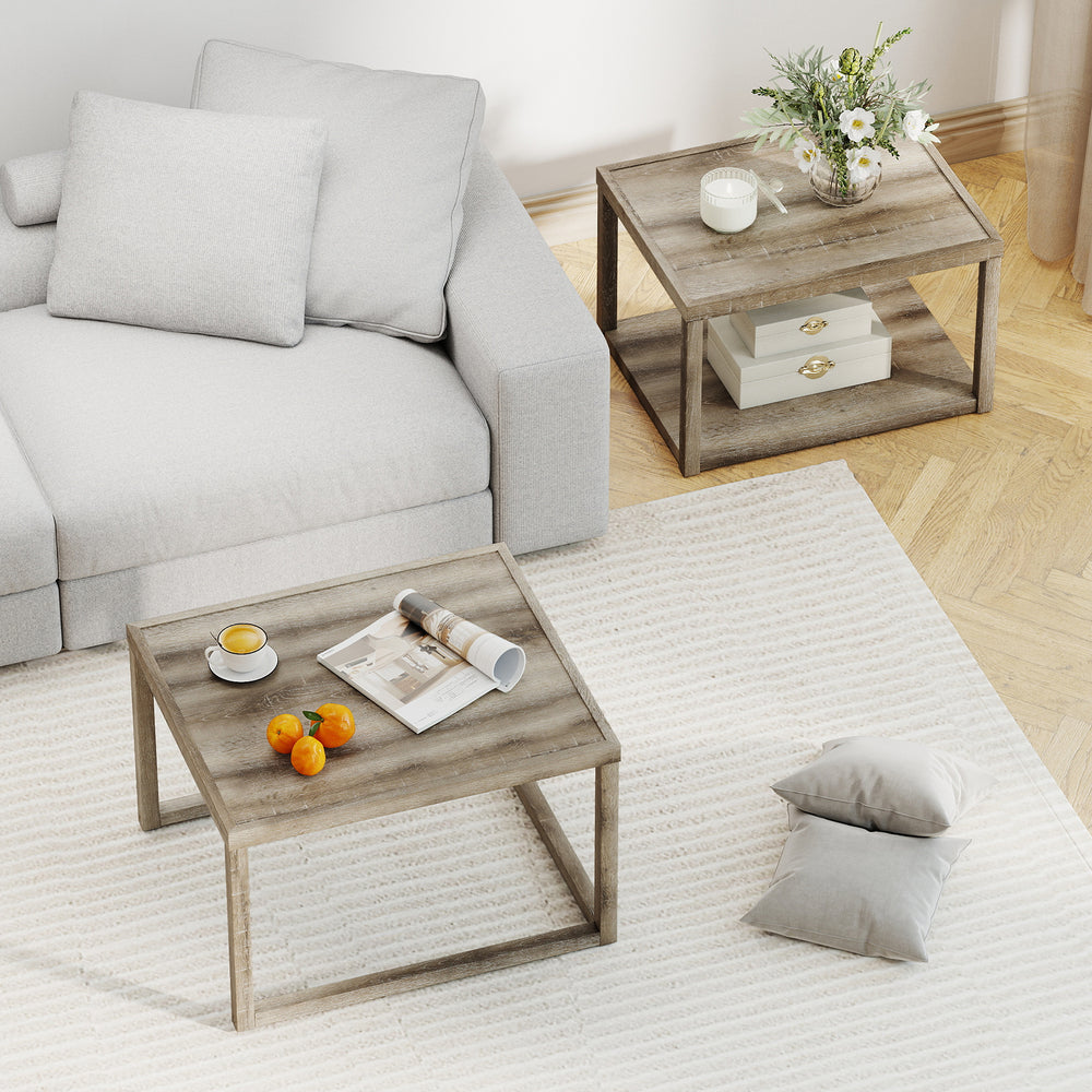 Gray nesting coffee table set of 2 with spacious tabletop and bottom shelf, perfect for living room or office use.