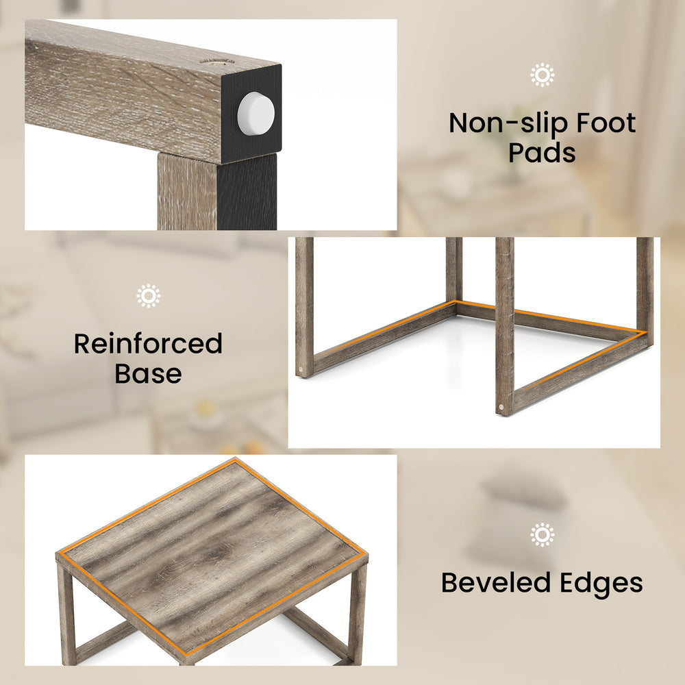 Reinforced base and non-slip foot pads of the gray nesting coffee table set for stable and scratch-free placement.