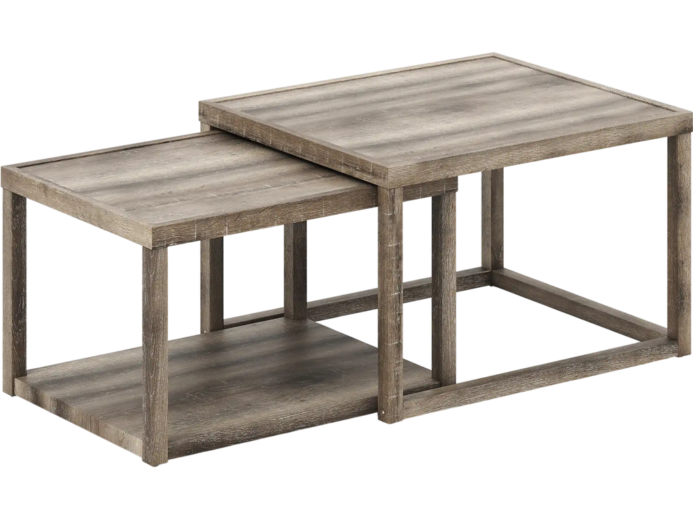 Nesting coffee table set of 2 in gray with spacious tabletop and bottom shelf, perfect for living room or office use.