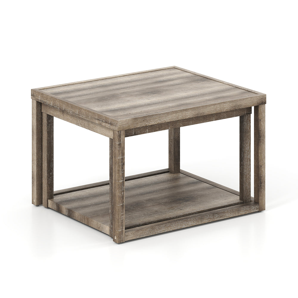 Stackable rectangular gray nesting coffee table with rubber wood frame and spacious tabletop for versatile storage.